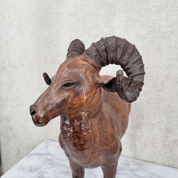 Vintage Tooled Leather Ram Sculpture Folk Art Perfect for your Cabin Lodge Ranch - Picture 7 of 15